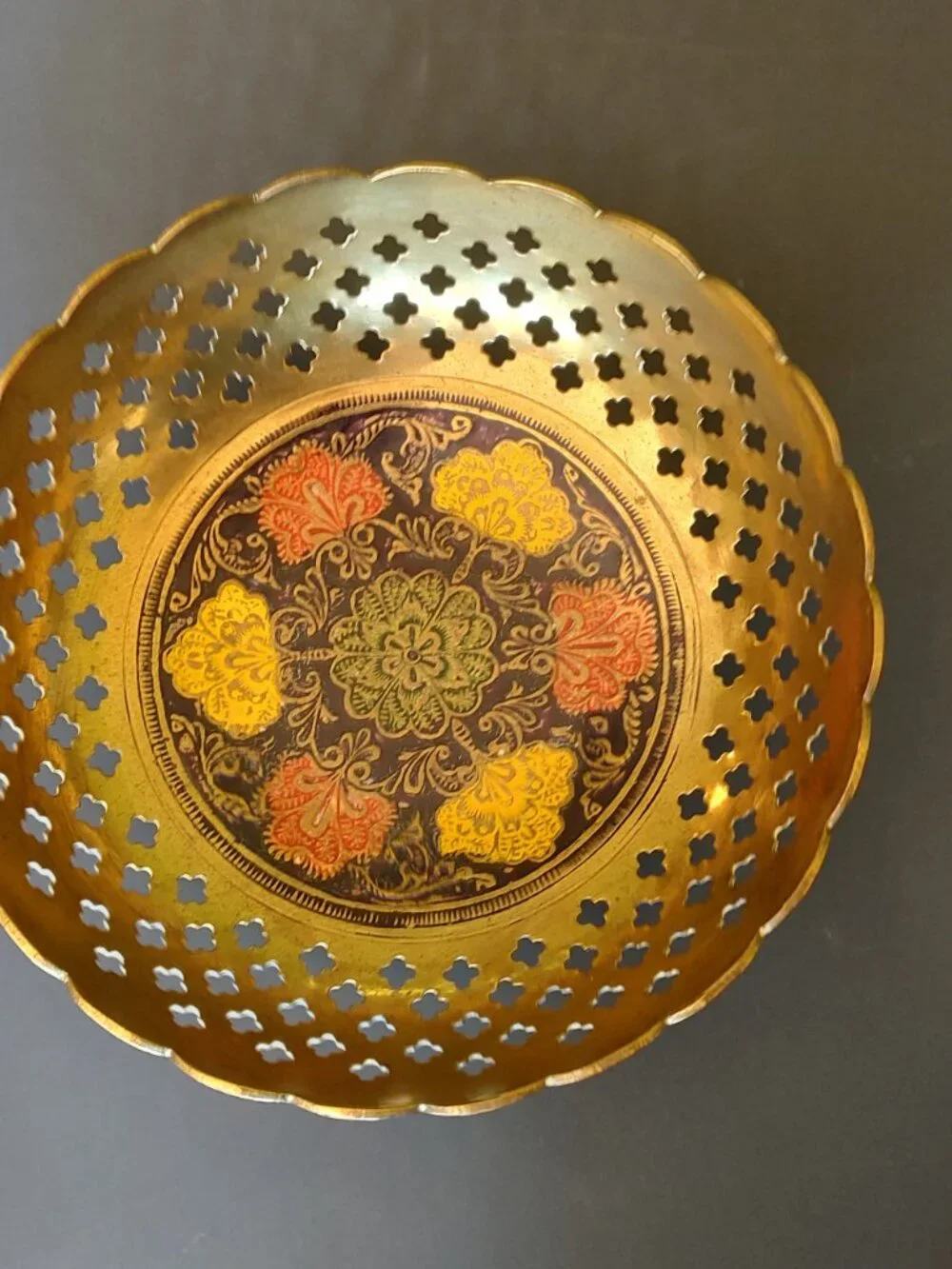 Vintage Indian Brass Pedestal Bowl Pierced Woven Design Enameled Floral Center